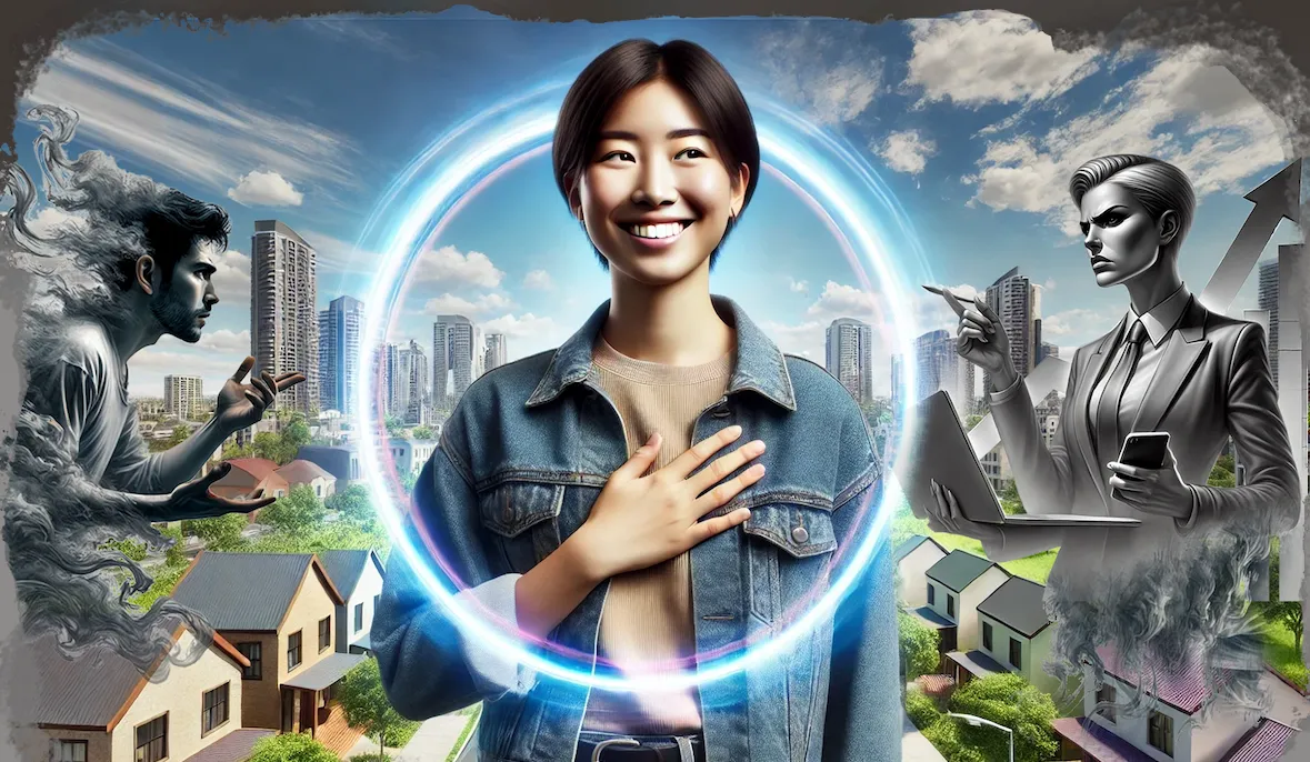 woman having a hand on her heart, boundaries against stress at work or in relationship